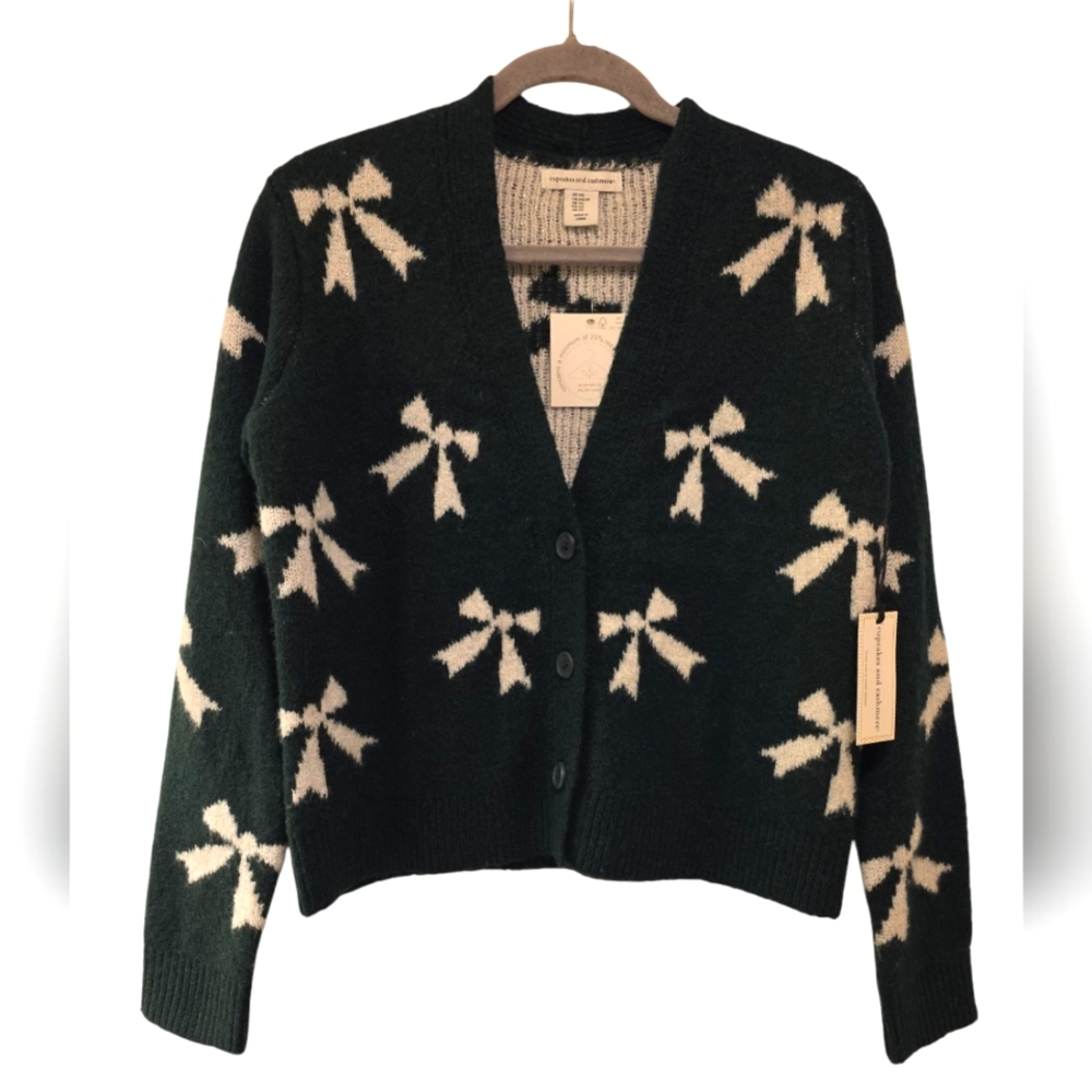 Cupcakes And Cashmere, NWT, 3 Button Cardigan, Forsest Green W/ White Bows, W XS